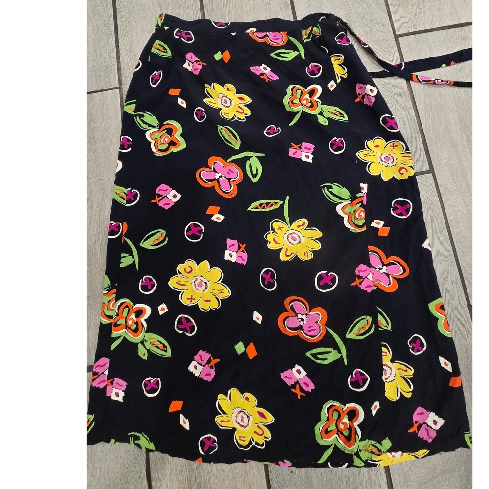 Vintage Floral Wrap Midi Skirt Black Javanese Viscose Abstract Print Size 40/42